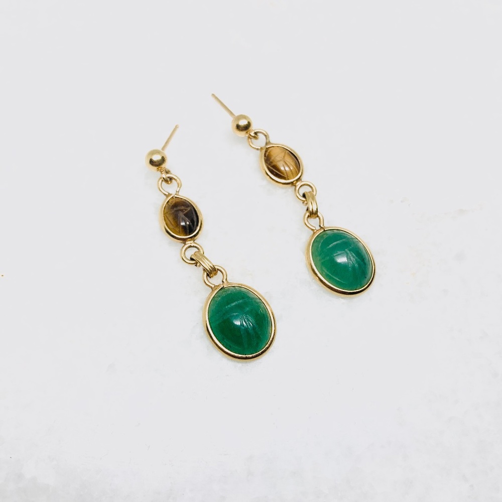 Vintage Carved Green Stone Scarab Gold Earrings Egyptian Tigers Eye 1.5”